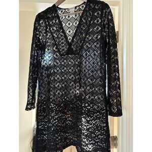 Wearabouts Black Lace V-Neck Tunic Beach Cover Up Long Sleeve Women Size M